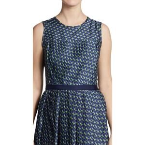 Shoshanna Paulette Micro-pleat Sleeveless Knee Length Dress, Blue/Green Print 6